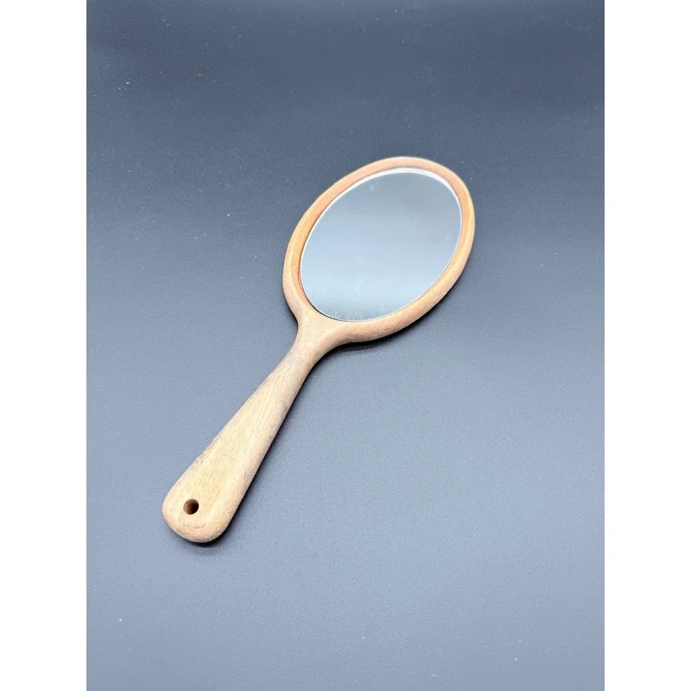 Vintage‎ Handheld Wood Mirror Oval Natural Grain Vanity Hand Mirror Brown